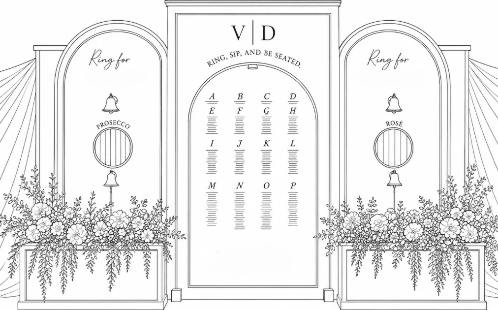 Design drawing of The Wall: two arched panels, each with a bell marked "Ring for" above a round serving window, standing either side of a central seating-chart panel, with flower boxes along the base.